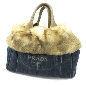 Prada Canapa Faux Fur Denim Tote Bag Indigo Blue